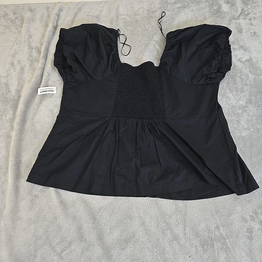 Old Navy Blouse Womens 3XL Black Puff Sleeve Shirred Sweetheart Neck Textured